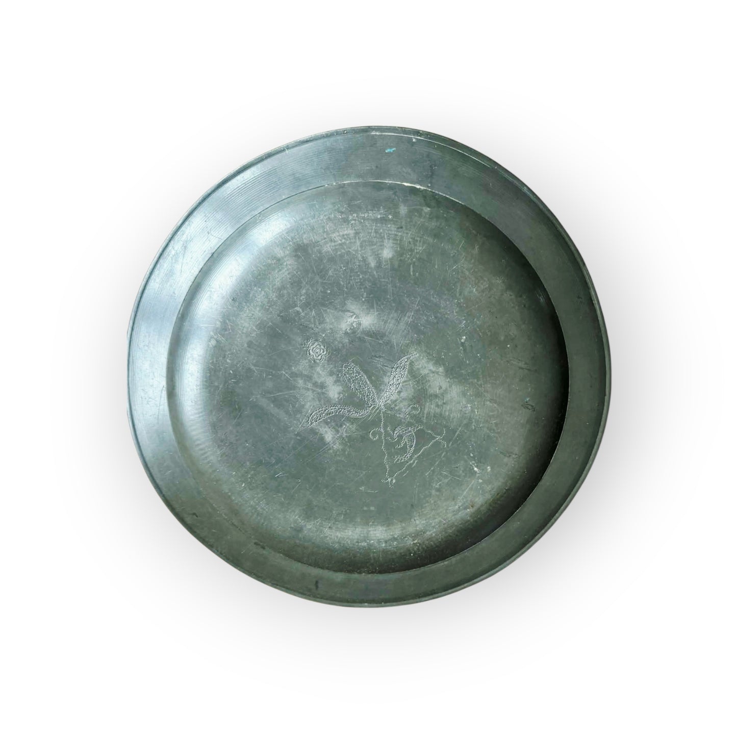Late 18th‑Century English Antique Pewter Wriggle-Work Decorated Charger by Christopher Perry of London, Dated 1791
