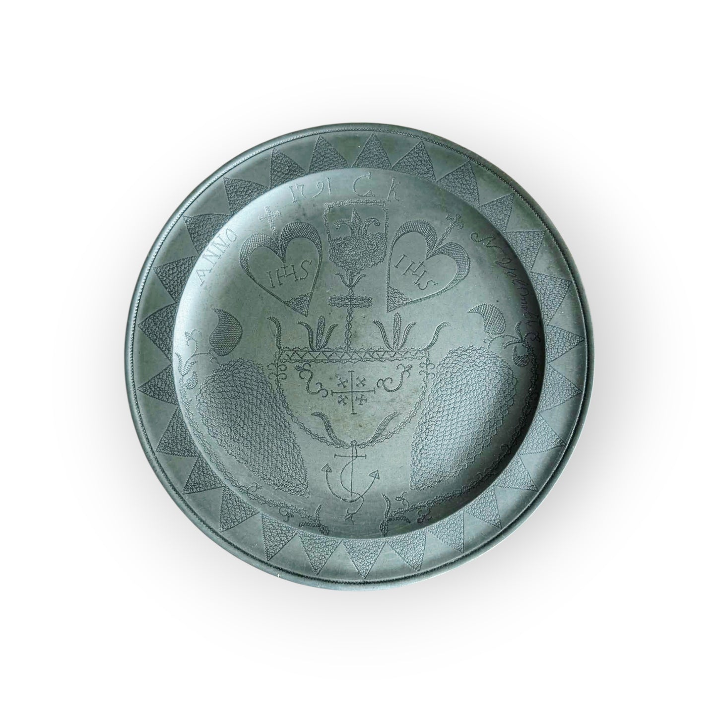 Late 18th‑Century English Antique Pewter Wriggle-Work Decorated Charger by Christopher Perry of London, Dated 1791