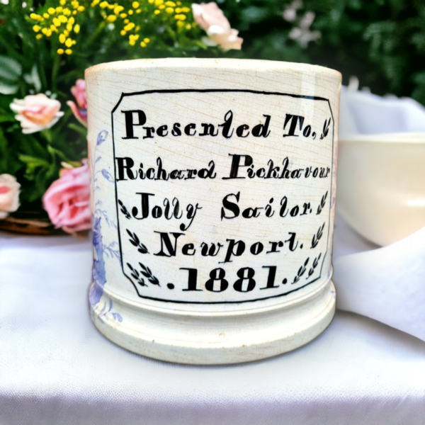 Large 19th Century English Antique Pearlware Frog Mug, Bearing an Inscription "Presented to Richard Pickhavour Jolly Sailor Newport 1881"