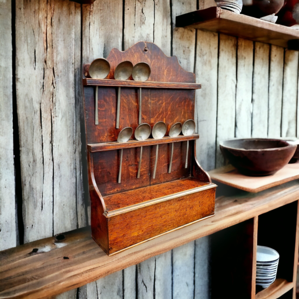 Late 18th Century English Antique Oak Spoon Rack with an Associated Set of Eight 17th Century Antique Pewter Slip Top Spoons