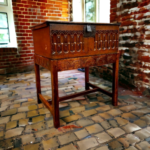 Early 17th Century English Antique Oak Boarded Box or Bible Box on an Associated Oak Stand of Later Date