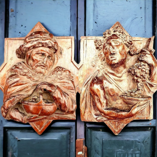 Pair of Mid 17th Century Flemish Antique Carved Oak Bosses / Panels Depicting Summer & Autumn