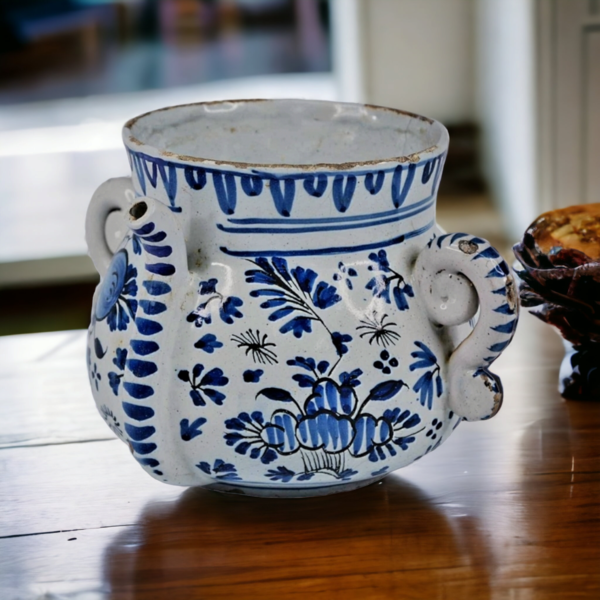Early 18thC English Antique Blue & White Delftware Posset Pot, Attributed to London, Circa 1700