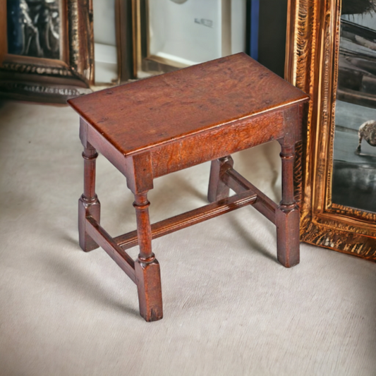 Late 17th Century English Antique Oak Joint Stool With "H Stretcher", Circa 1690
