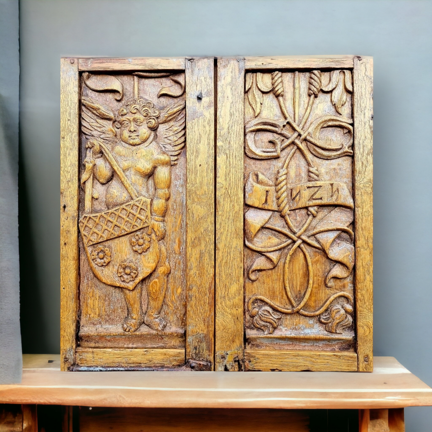 Pair of Early 16th Century Antique Carved Oak Window Shutters, Dated "1525" & Bearing the Initials "GC"