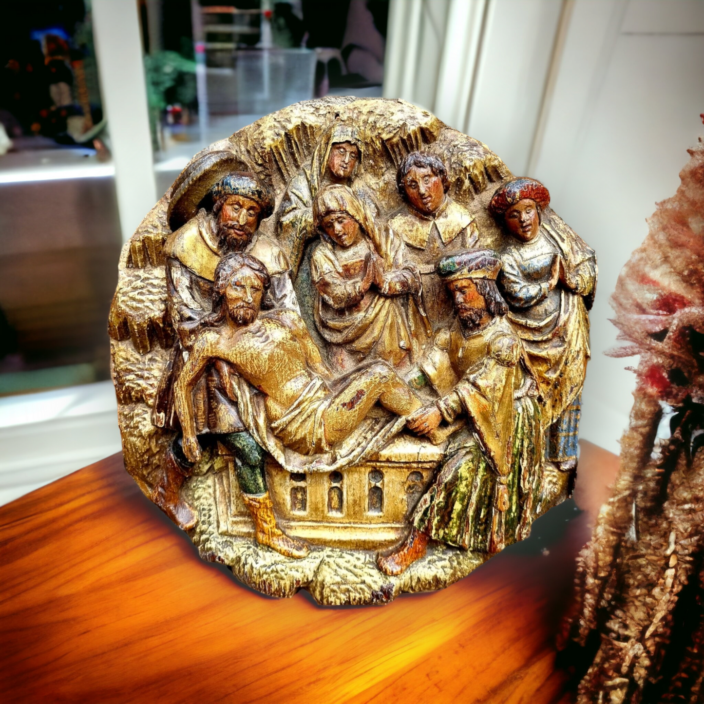 Early 16th Century Antique Carved Oak Tondo / Carved Oak Panel Depicting The Entombment of Christ, Circa 1500-1530