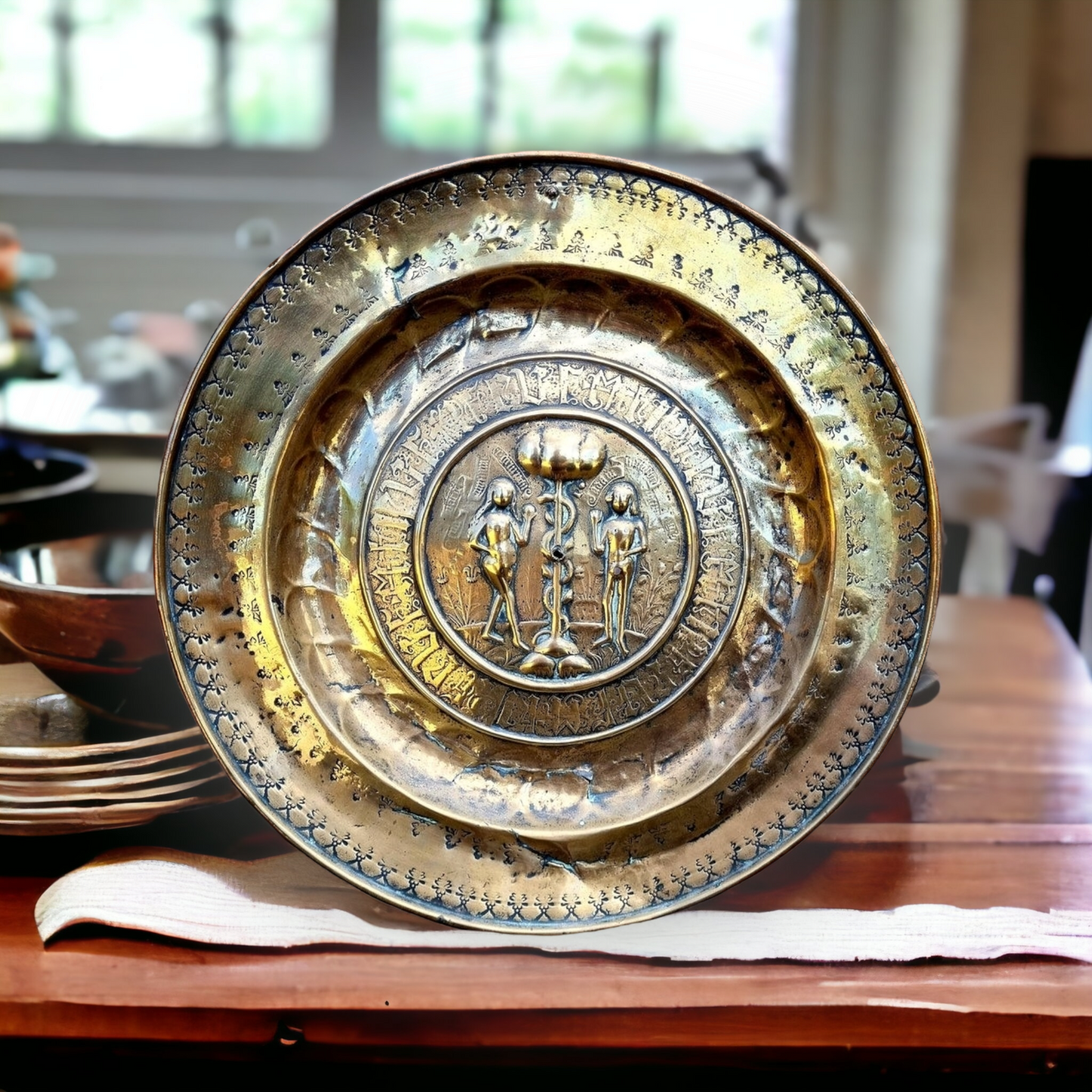 17th Century German Antique Brass Adam & Eve Alms Dish Attributed to Nuremberg