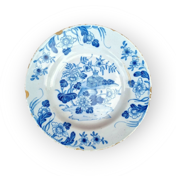 Mid 18th Century English Antique Delftware Plate in the Chinoiserie Manner, Attributed to Liverpool