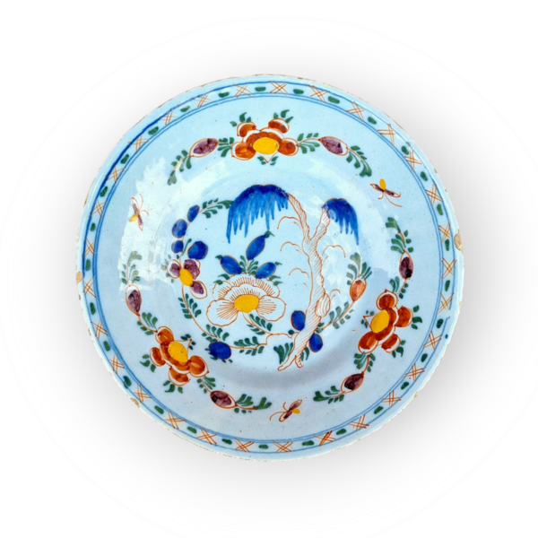 Mid 18th Century English Antique Delftware Polychrome Plate in the Chinoiserie Manner with Flowers, Foliage and Willow Tree, Attributed to Lambeth, London
