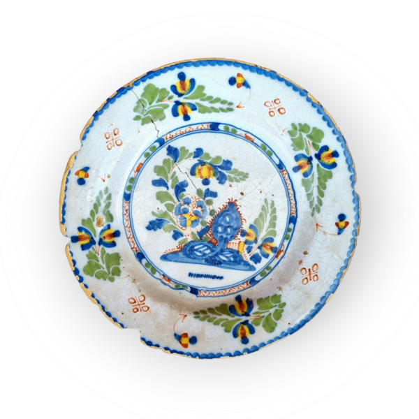 Mid 18th Century English Antique Delftware Polychrome Plate in the Chinoiserie Manner with Flowers and Foliage, Attributed to Lambeth, London