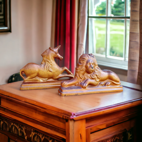 Pair of Large 19th Century English Antique Pottery Salt Glazed Stoneware Figures Depicting the Lion and Unicorn