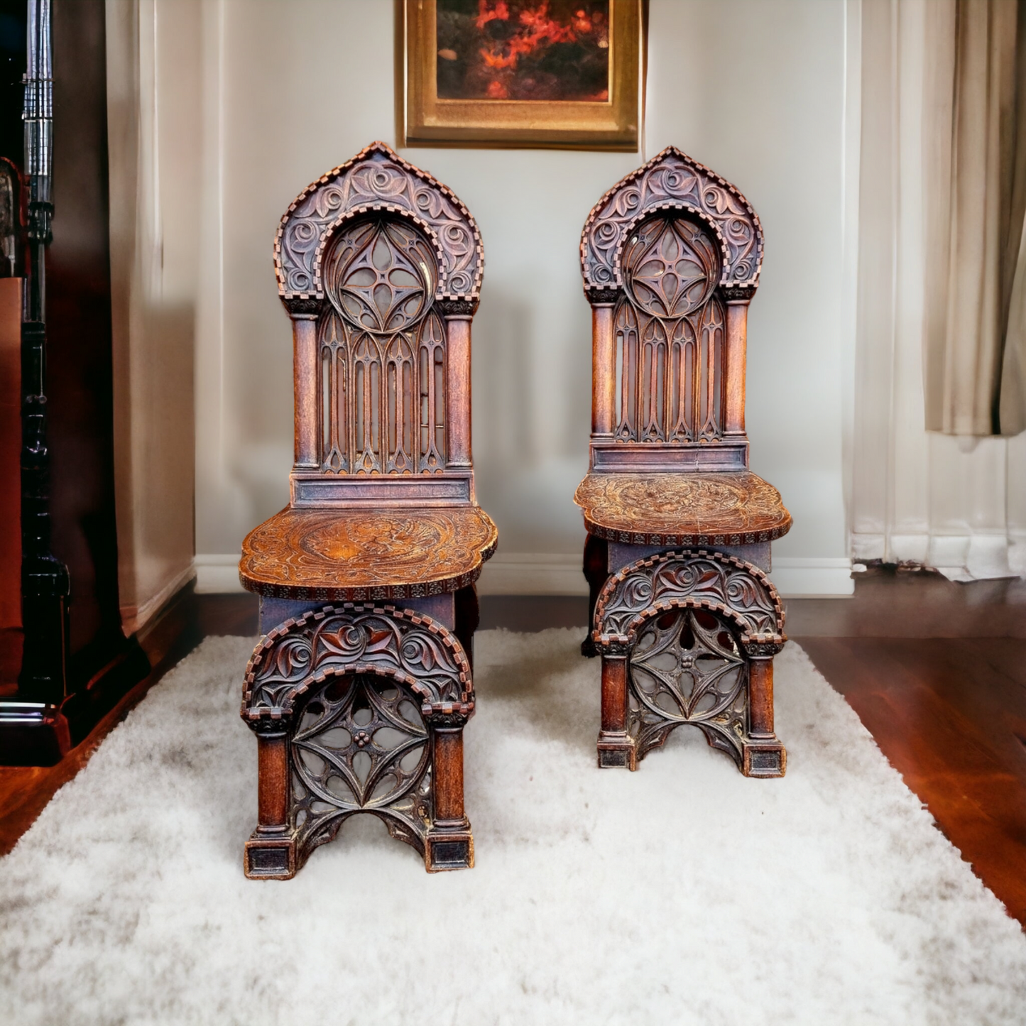 Follower of Augustus Pugin (1812-1852) - Rare Pair of Mid 19th Century Antique Walnut Gothic Revival Hall Chairs, Each Carved With The Symbol of Saint Mark
