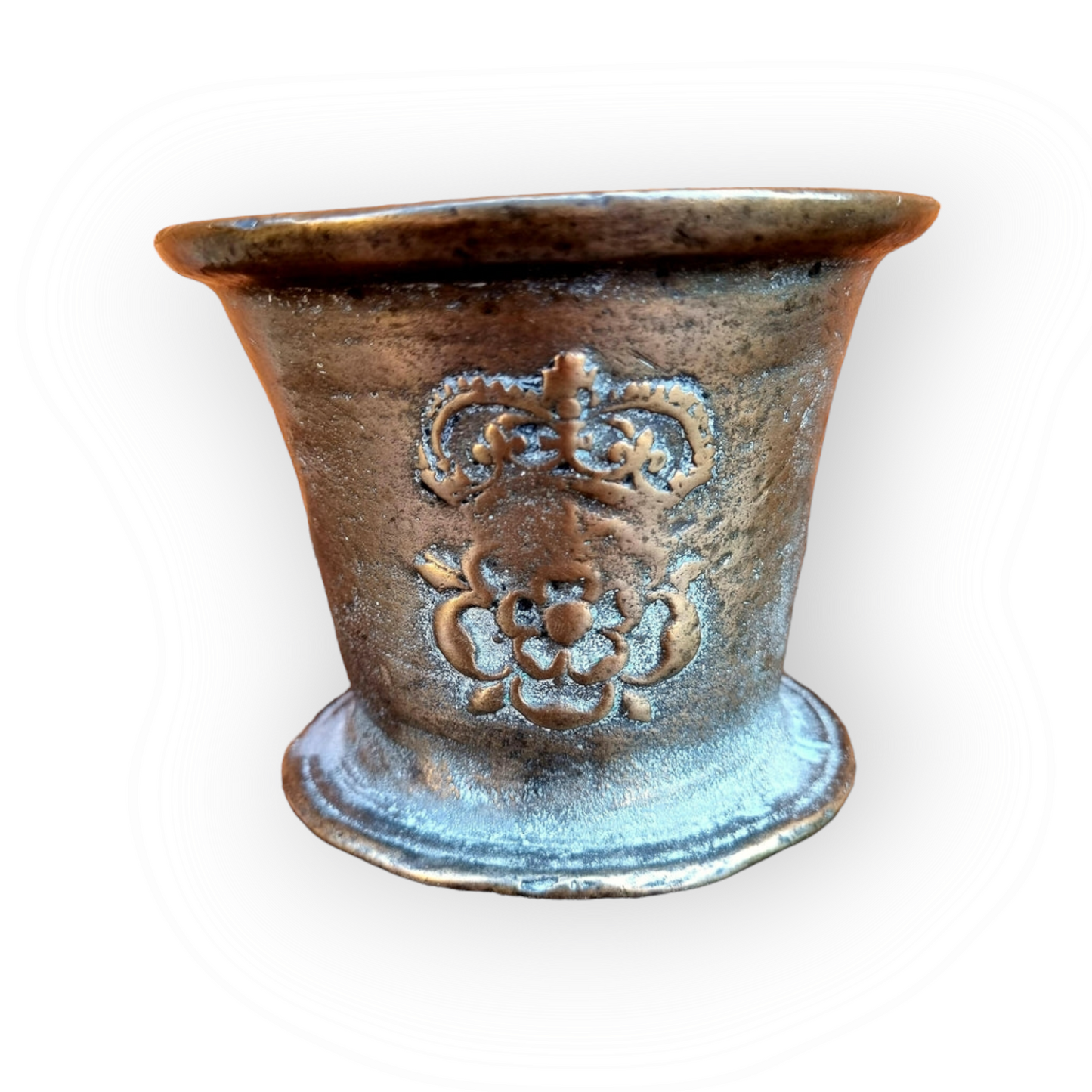 17th Century English Antique Bronze Mortar, Originating From Norfolk, East Anglia, With a Crowned Tudor Rose