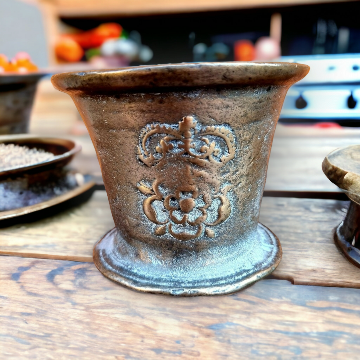 17th Century English Antique Bronze Mortar, Originating From Norfolk, East Anglia, With a Crowned Tudor Rose