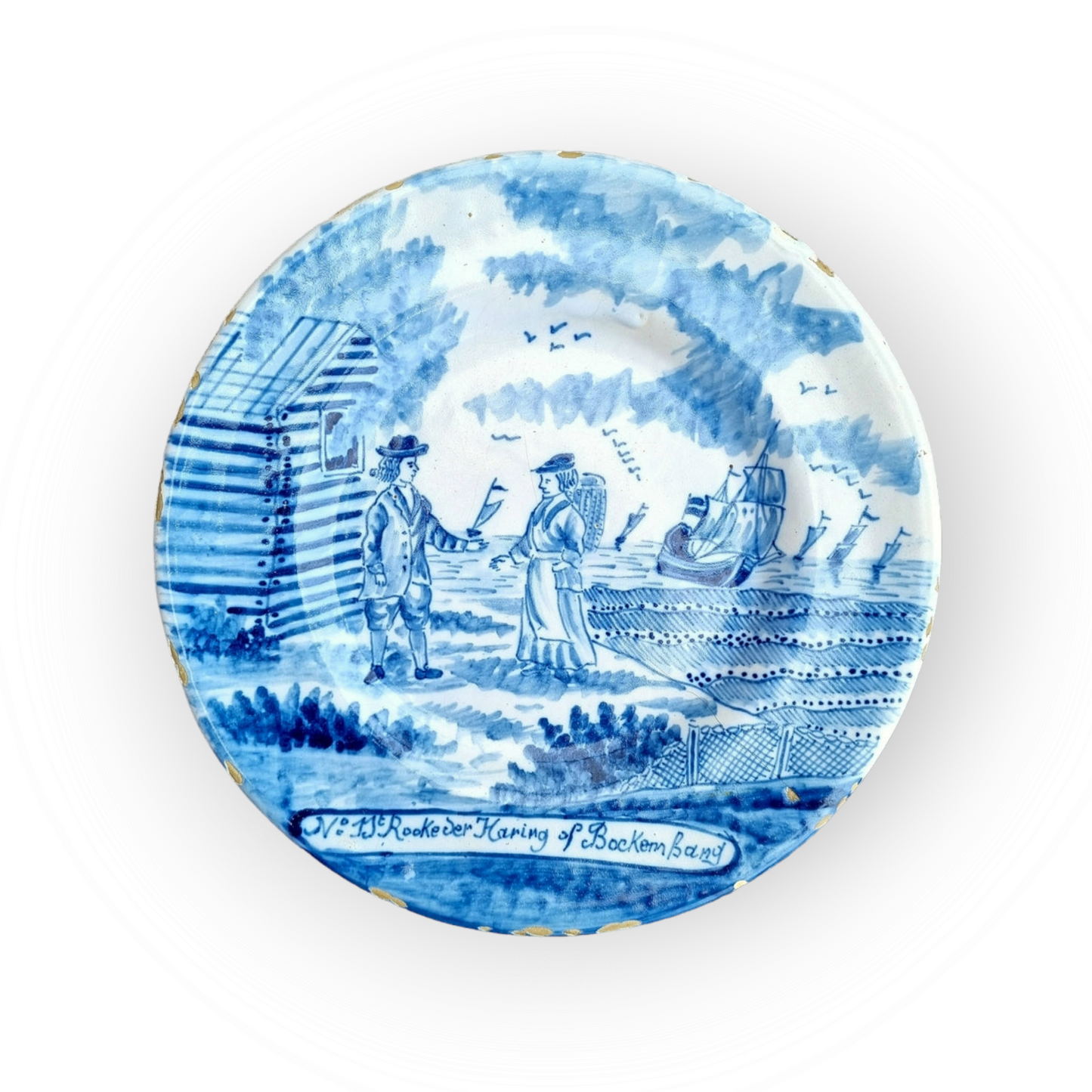 Rare Late 18th Century Dutch Antique Delftware Plate from "The Herring Catch" series of plates, circa 1780 - An almost identical example is held in the collection of The Minneapolis Institute of Art, USA