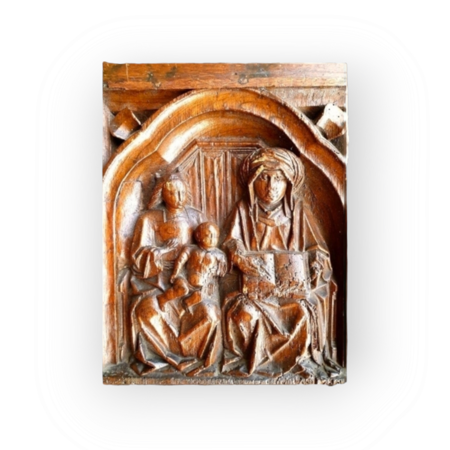 Rare Late 15thC / Early 16thC French Antique Carved Oak Door Panel, Depicting The Virgin, Saint Anne & Christ