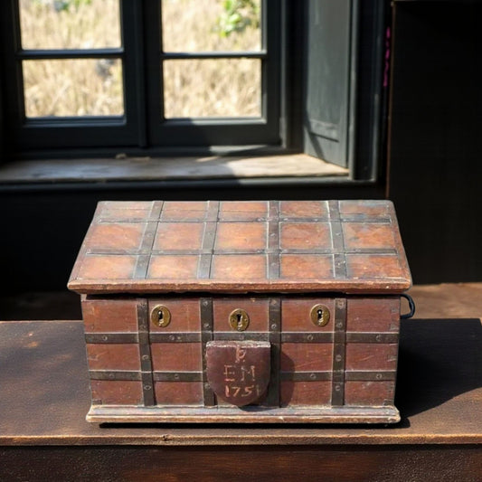 Mid 18th Century English Antique Oak Iron Bound Box Strongbox, Bearing Initials "PEM" & Dated "1751"