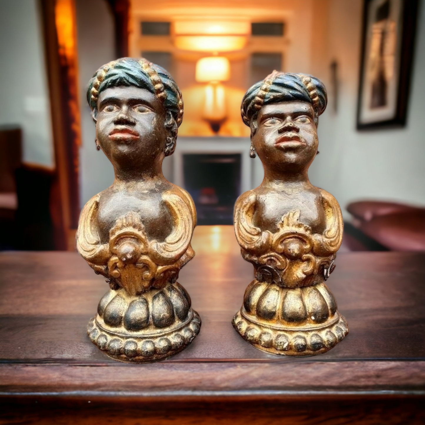 Rare Pair of Early 18th Century Venetian Rococo Period Polychromed Antique Carved Wood Newel Post Finials in the Form of Nubian Heads