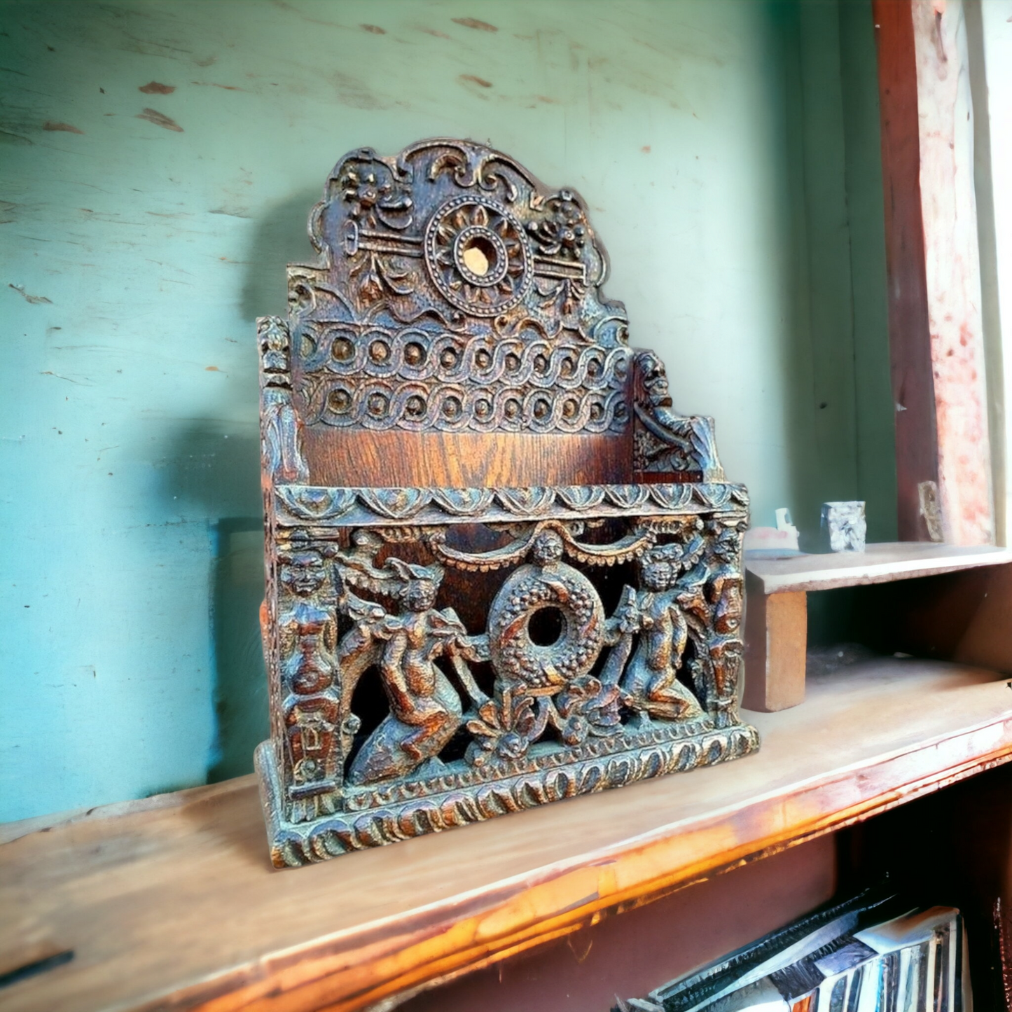 17th Century Style, 19th Century Made, English Antique Carved Oak Letter Rack Dated "1895"