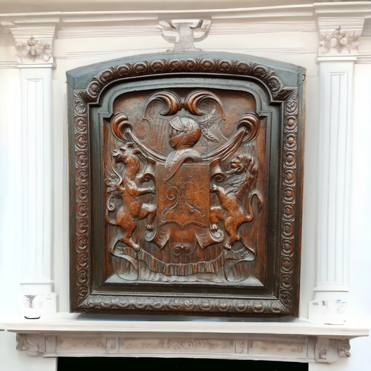 Large and Impressive Late 17th Century French Antique Carved Walnut Overmantel with Armorial Crest