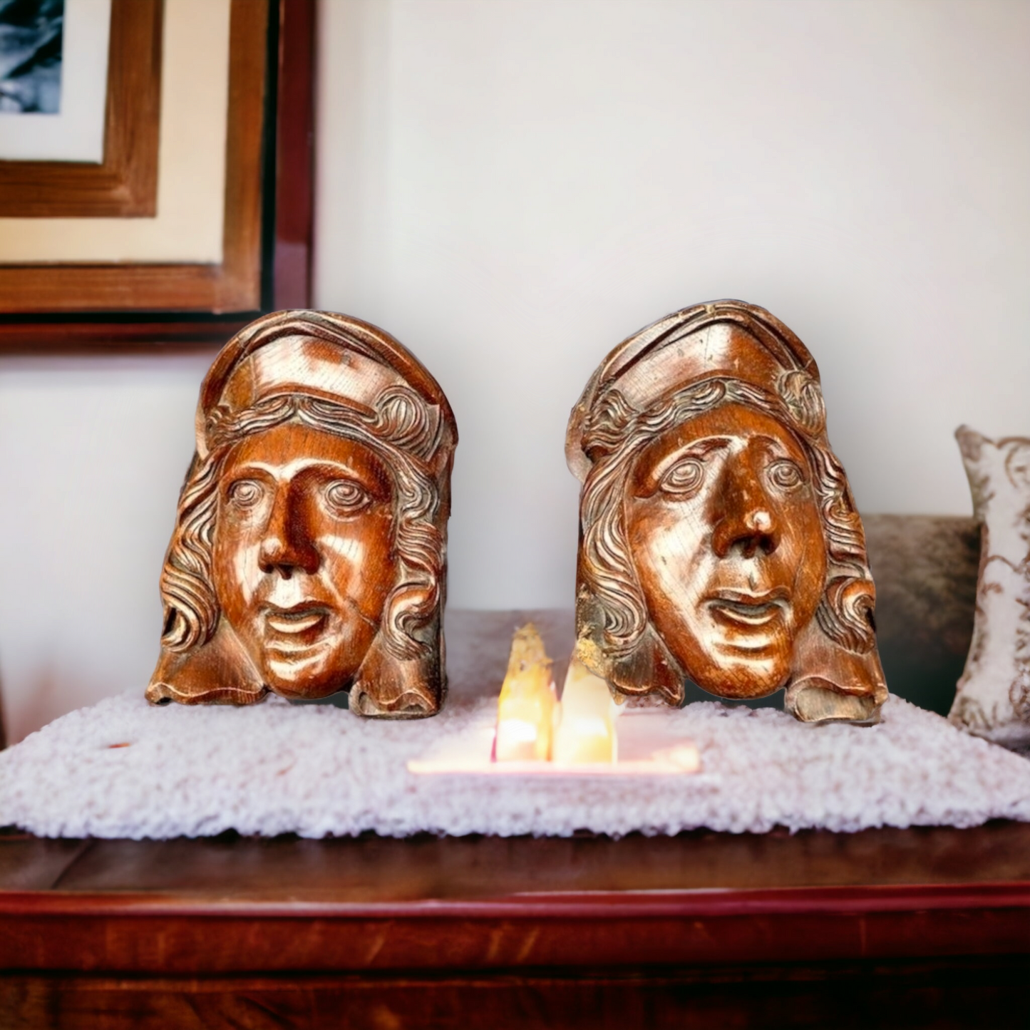 A Fine Pair of 17th Century Flemish Antique Carved Oak Corbels in the Form of Heads
