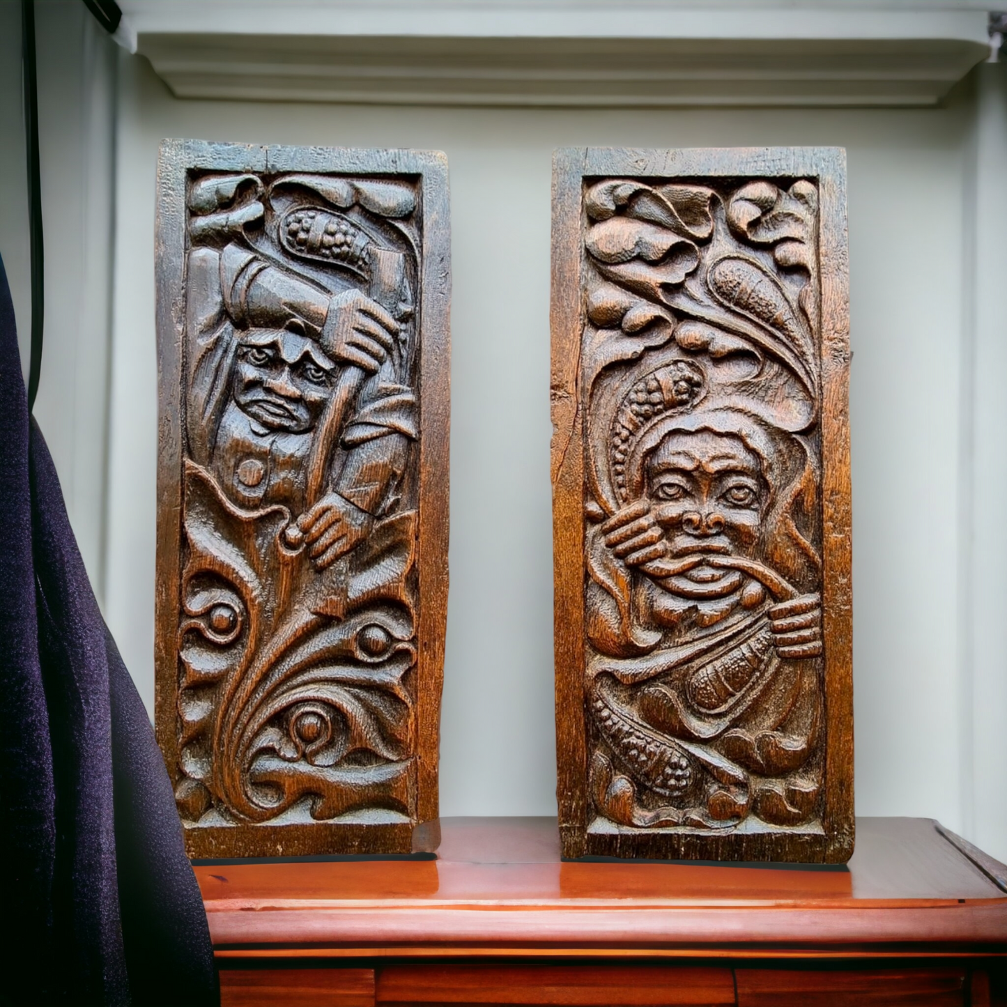 Rare Pair of 16th Century Dutch Antique Carved Oak Panels Depicting Wild Men of The Woods or Woodwose / Wodewose