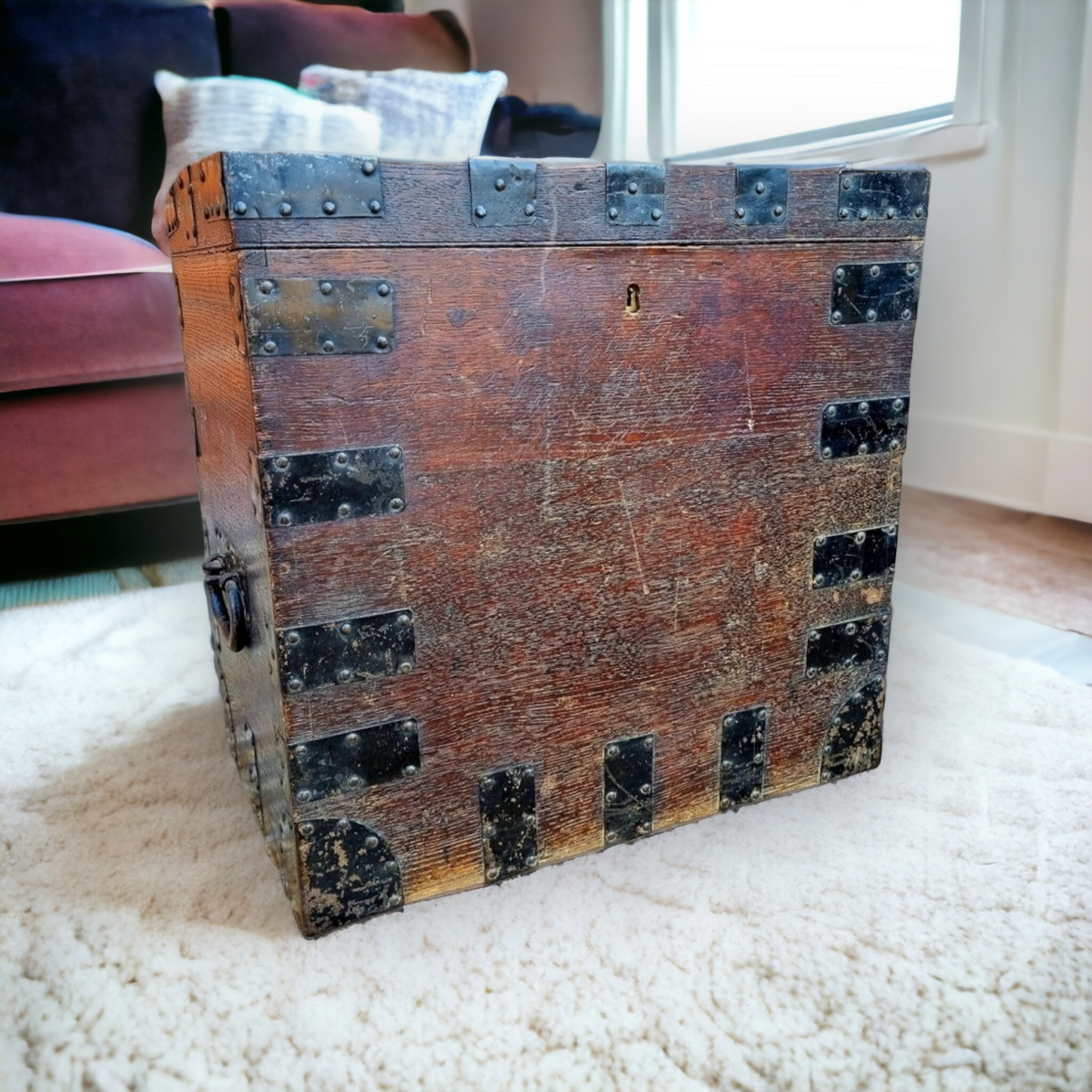 Ideal As A Sofa-Side Table - A 19th Century English Antique Iron-Bound Silver Chest