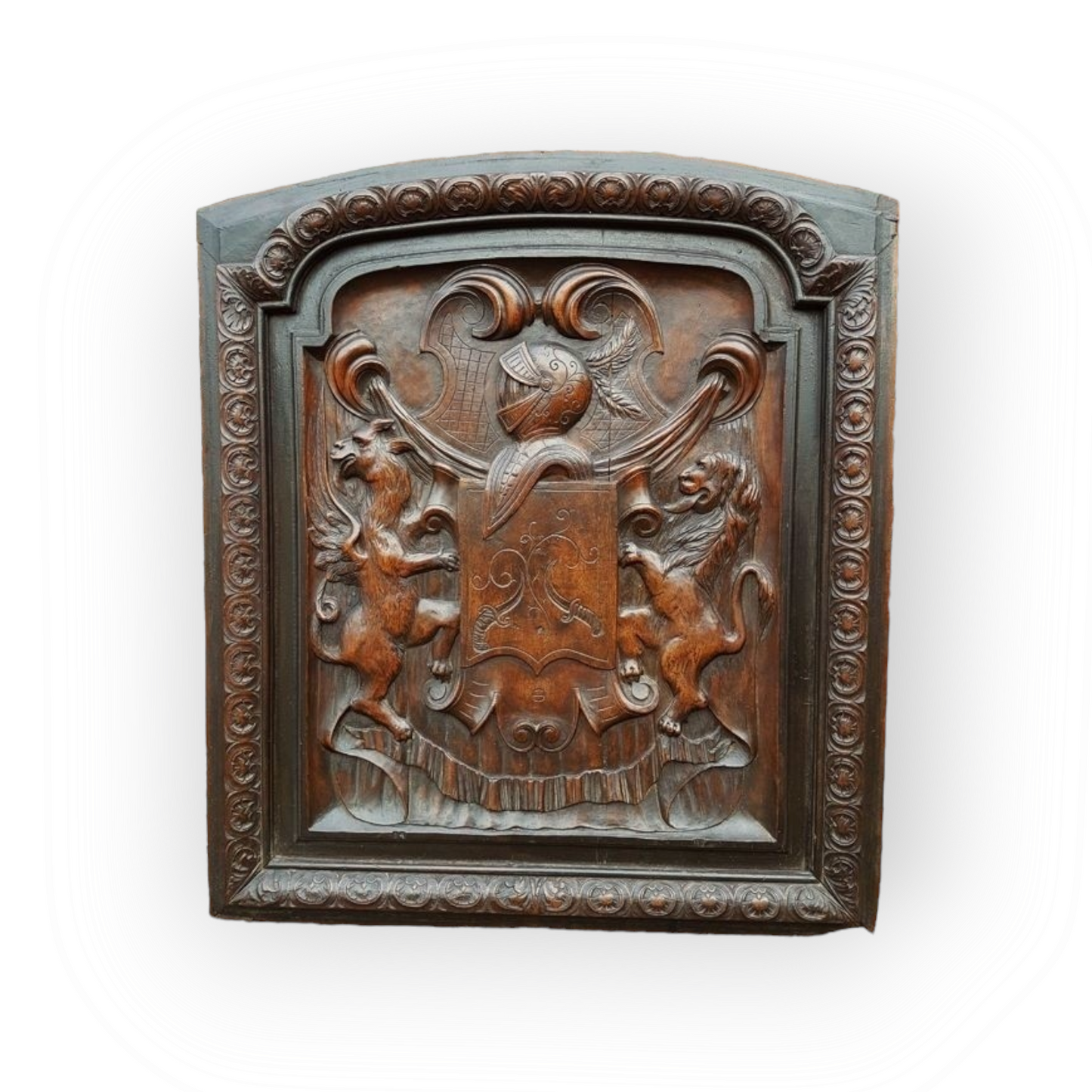 Large and Impressive Late 17th Century French Antique Carved Walnut Overmantel with Armorial Crest