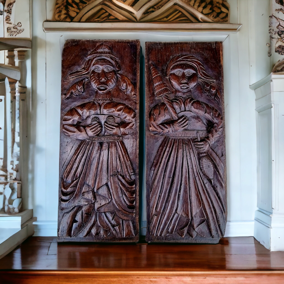 Pair of Late 16th Century Flemish Antique Carved Oak Figural Folk Art Panels