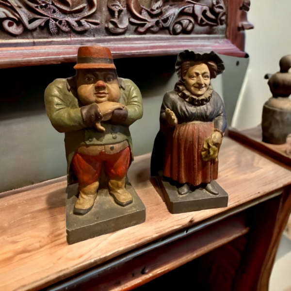 Pair of 19th Century English Antique Stoneware Folk Art Figures of a Farmer and His Wife