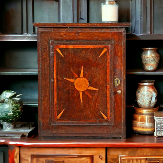 Early 18th Century English Antique Oak, Yew & Fruitwood Inlaid Spice Cupboard