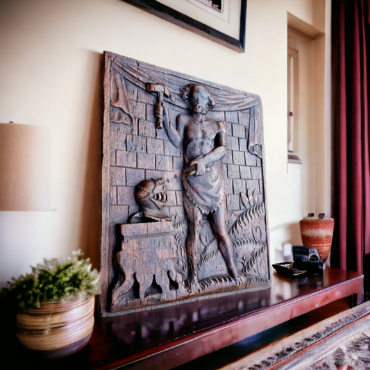 Early 18th Century Flemish Antique Carved Oak Panel Portraying a Blacksmith