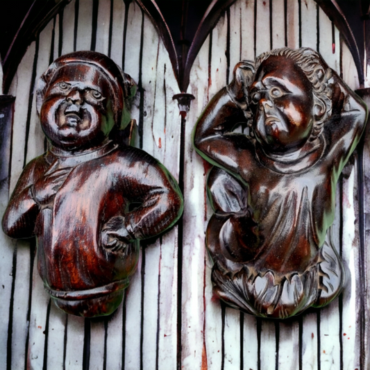 By Repute - Ex-Beverley Minster, Rare Pair of 15th Century Style, English Antique Carved Oak Figures