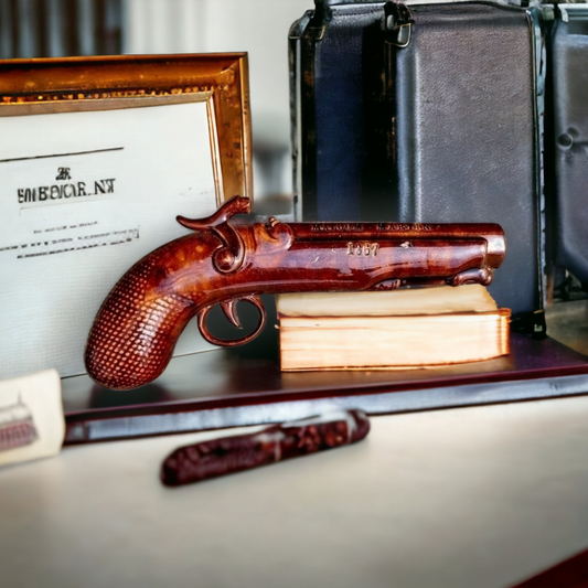 19th Century English Antique Salt-glazed Stoneware Pottery Pistol-Shaped Whisky Flask Dated 1867