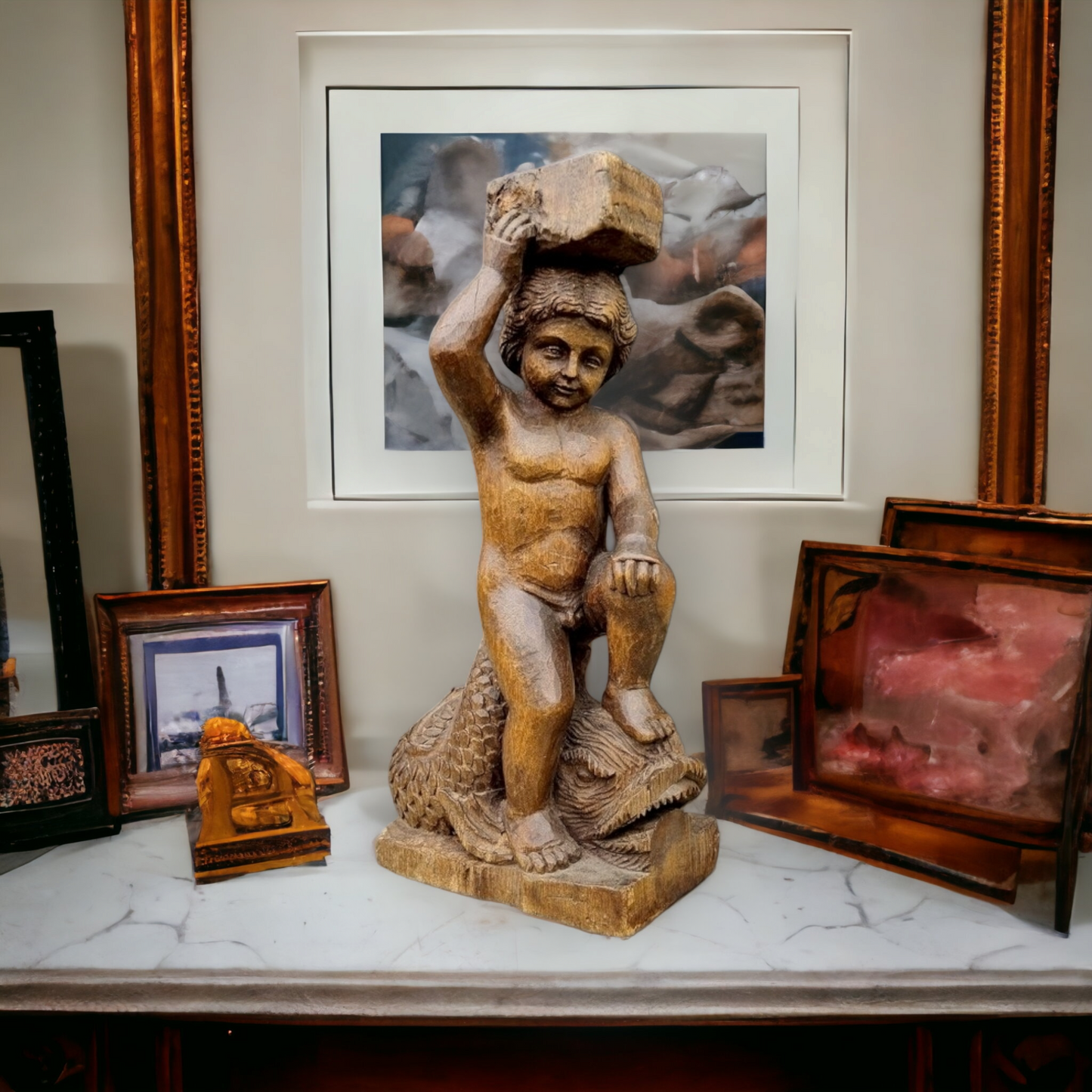 19thC Antique Carved Wood Sculpture of Palaemon, The Greco-Roman Sea God, Riding Upon A Dolphin