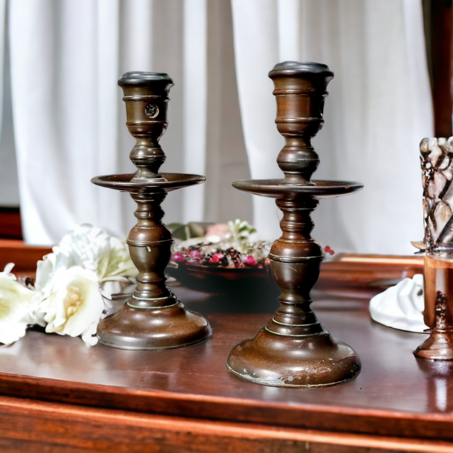 Rare Diminutive Pair of 17th Century Dutch Antique Brass Heemskirk Tapersticks