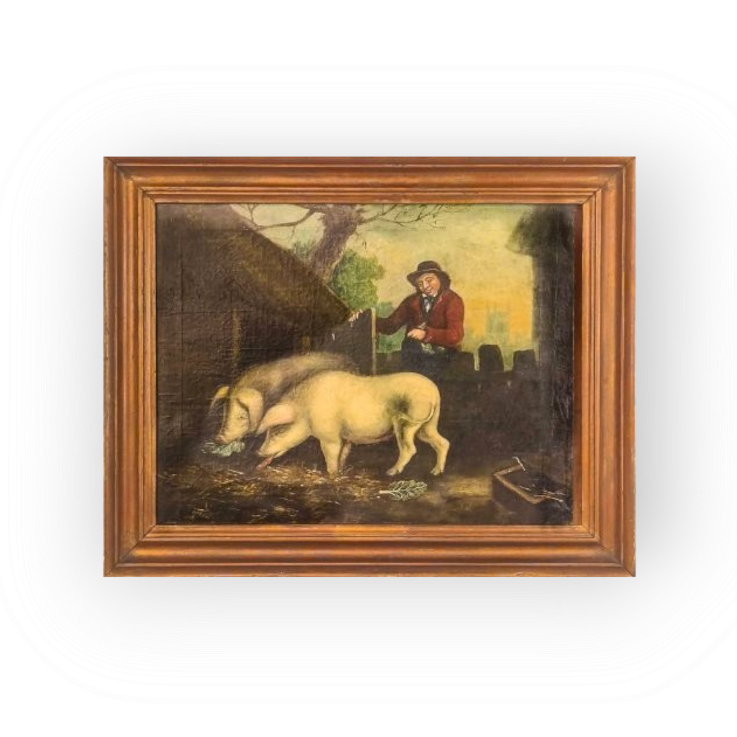 An Early 19th Century Primitive English School Antique Folk Art Oil on Canvas of Pigs in a Pigsty