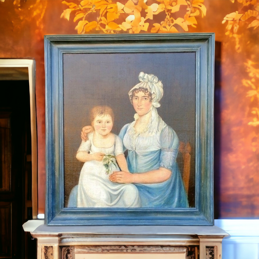 Late 18th Century Primitive English School Antique Folk Art Oil on Canvas Portrait of a Mother & Her Daughter, Circa 1790-1800
