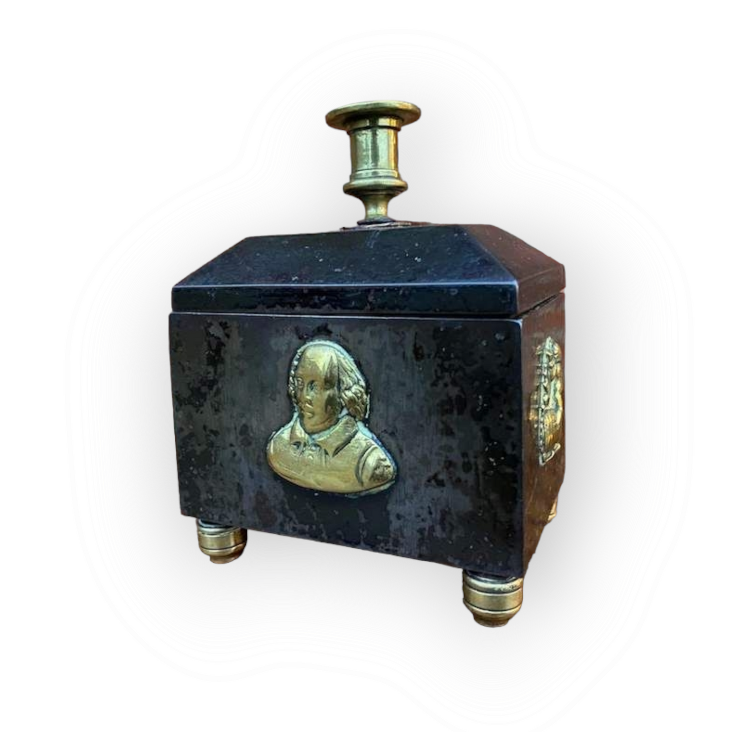 William Shakespeare Interest - A 19th Century English Antique Steel & Brass Tobacco Jar Decorated With Images of Shakespeare