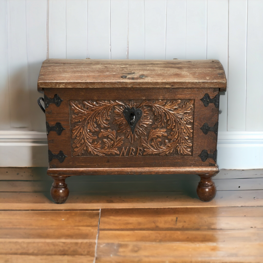 A Diminutive Late 17thC Scandinavian Antique Table Top Kist / Chest Bearing Initials & A Later Date