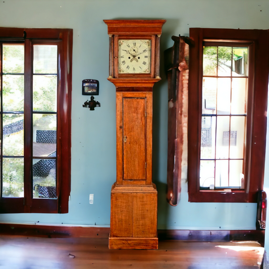 Late 18th Century George III Period English Antique Oak Longcase Clock of 8 Day Duration, Circa 1790-1800