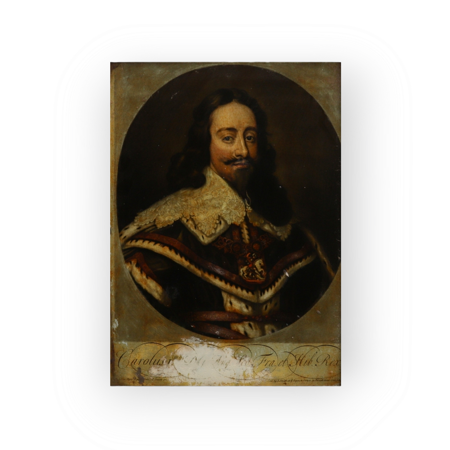 Early 18th Century English Antique Reverse Print On Glass of King Charles I, (1600-1649)