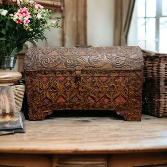 Mid-17th Century Iberian Antique Repousee-Worked Sheet Iron And Velvet Covered Table Casket / Table Top Box, Circa 1650