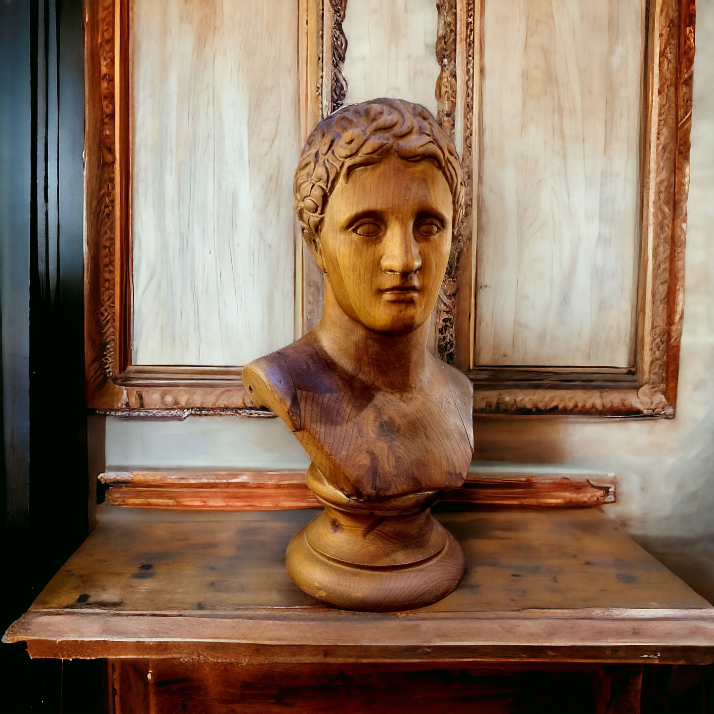 Early 19th Century Grand Tour Antique Carved Pine Bust of Adonis