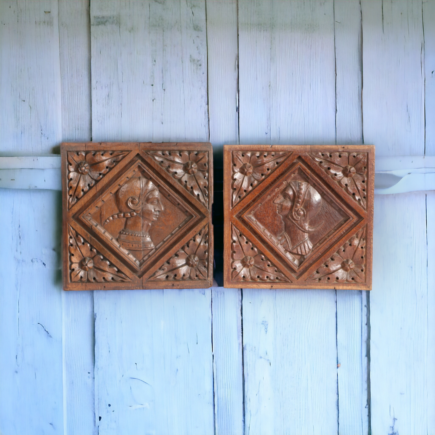 A Pair of 16th Century, Henry VIII Period, English Antique Carved Oak Romayne-Type Portrait Panels, circa 1530