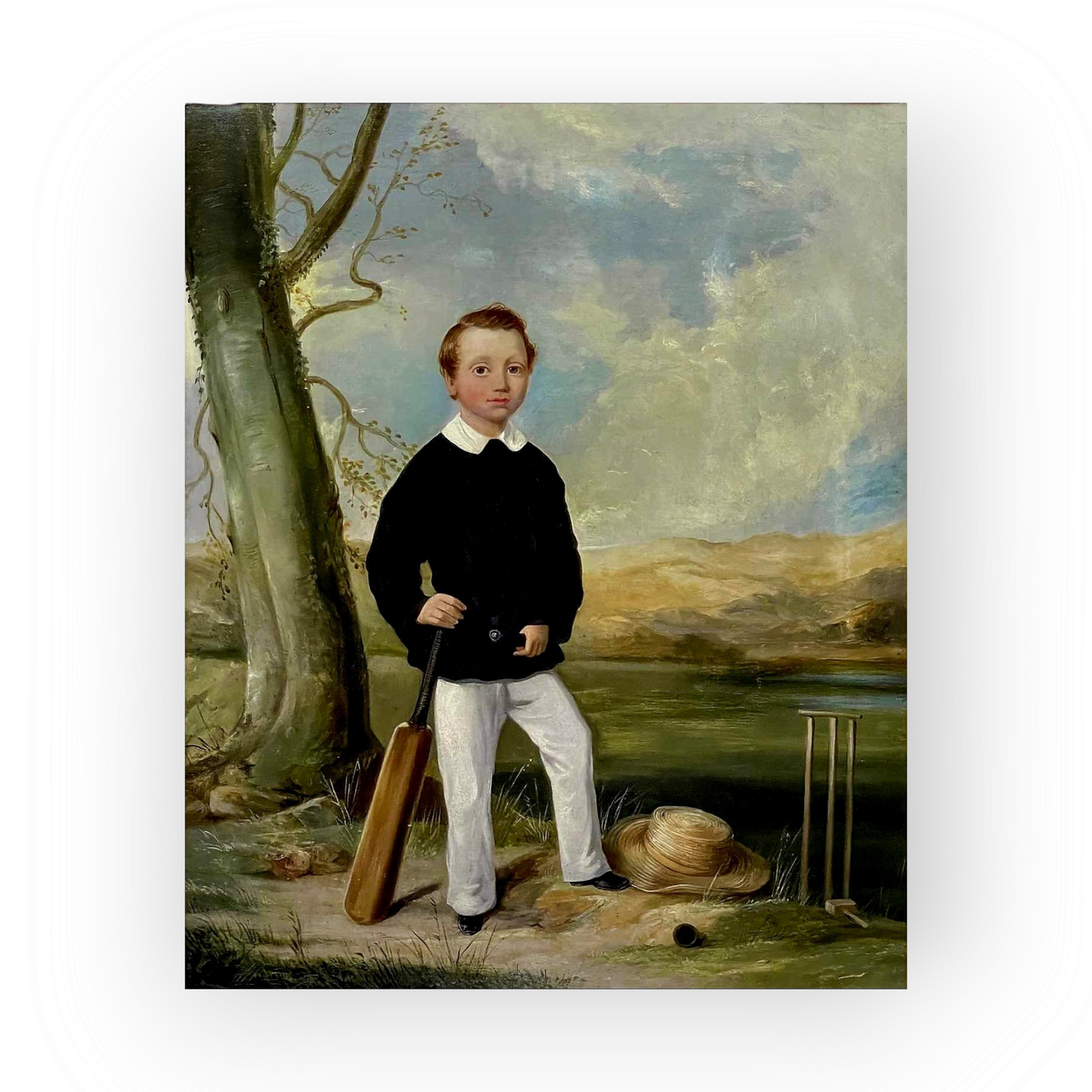 Large Mid-19th Century English Antique Oil on Canvas Entitled "The Young Cricketer" Signed "W.J.Chapman" & Dated "1856"