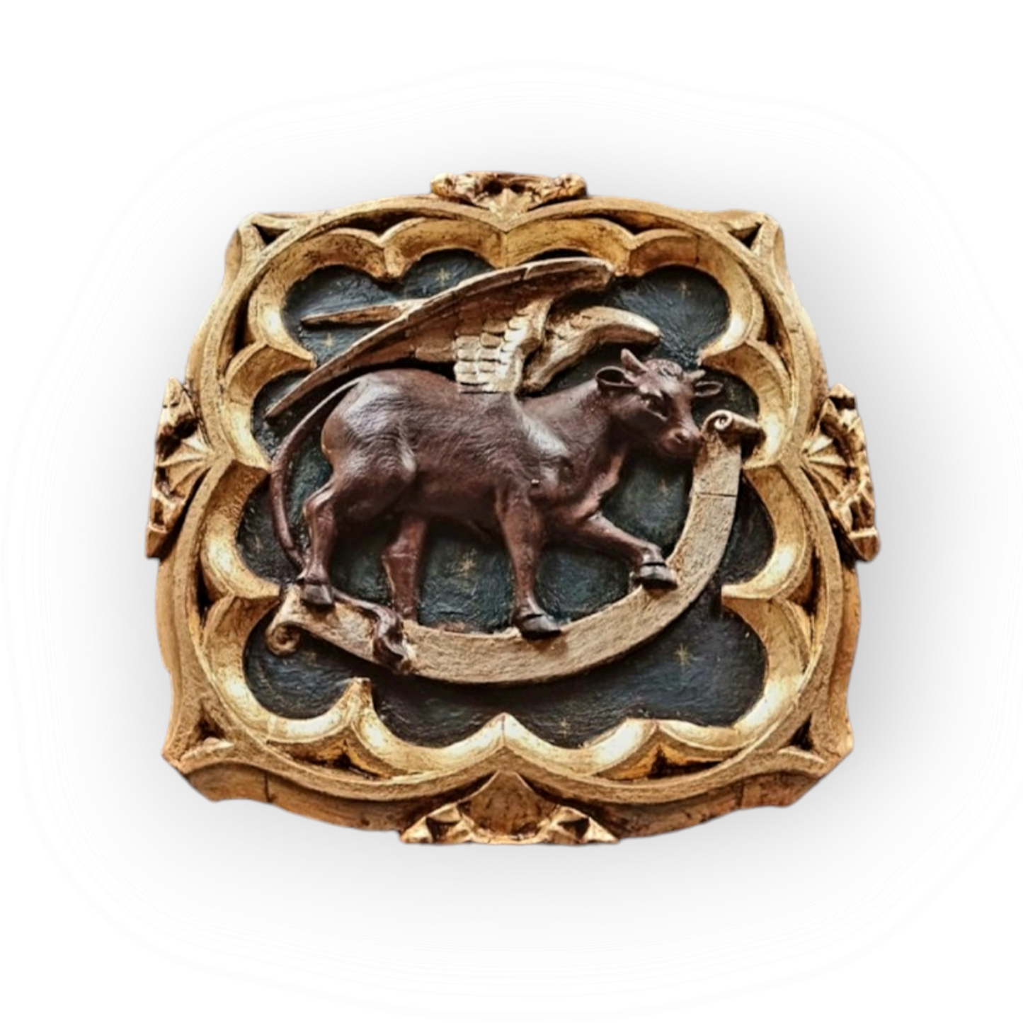 Large Late 18th Century Italian Antique Carved Wood Panel of a Winged Ox, The Symbol of Saint Luke