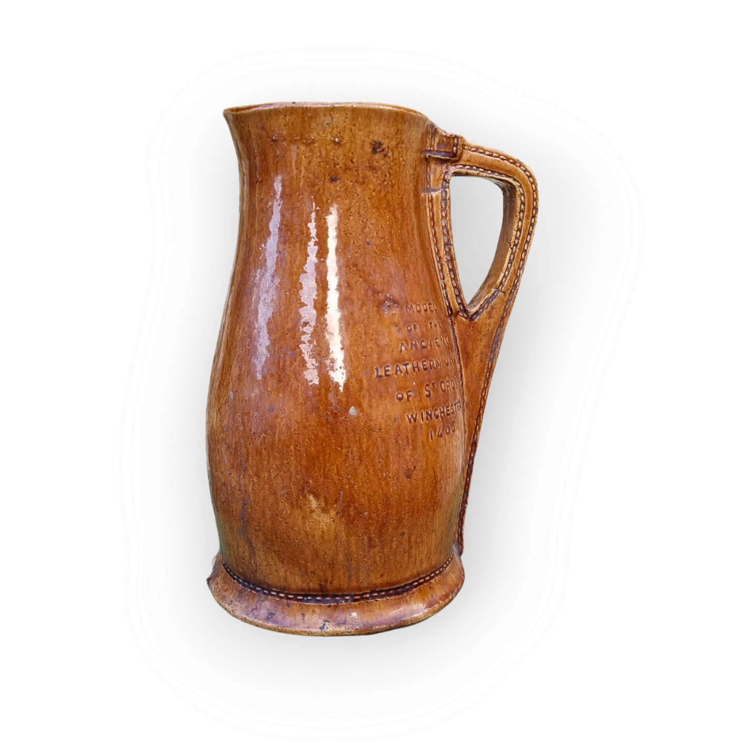 Large 19th Century English Antique Stoneware Jug / Pitcher in the Form of a Leather Bombard Impressed With The Stamp "MODEL OF THE ANCIENT LEATHER JACK OF ST CROSS WINCHESTER 1405".