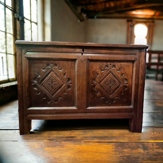 Oliver Cromwell / English Civil War Interest - A 17th Century English Antique Oak Coffer / Chest, The Top Inscribed "Oliver Cromwell 1653"