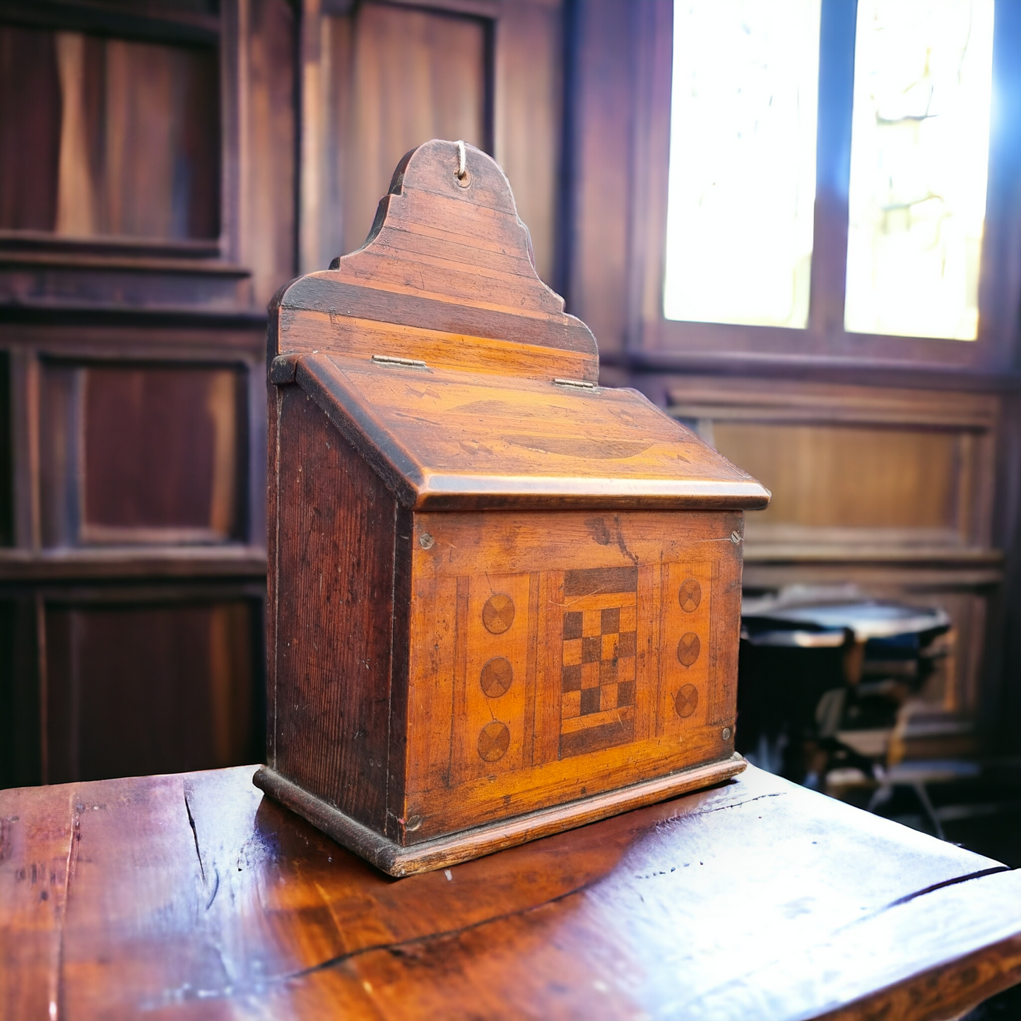 19th Century English Antique Veneered Salt Box With Marquetry Inlay